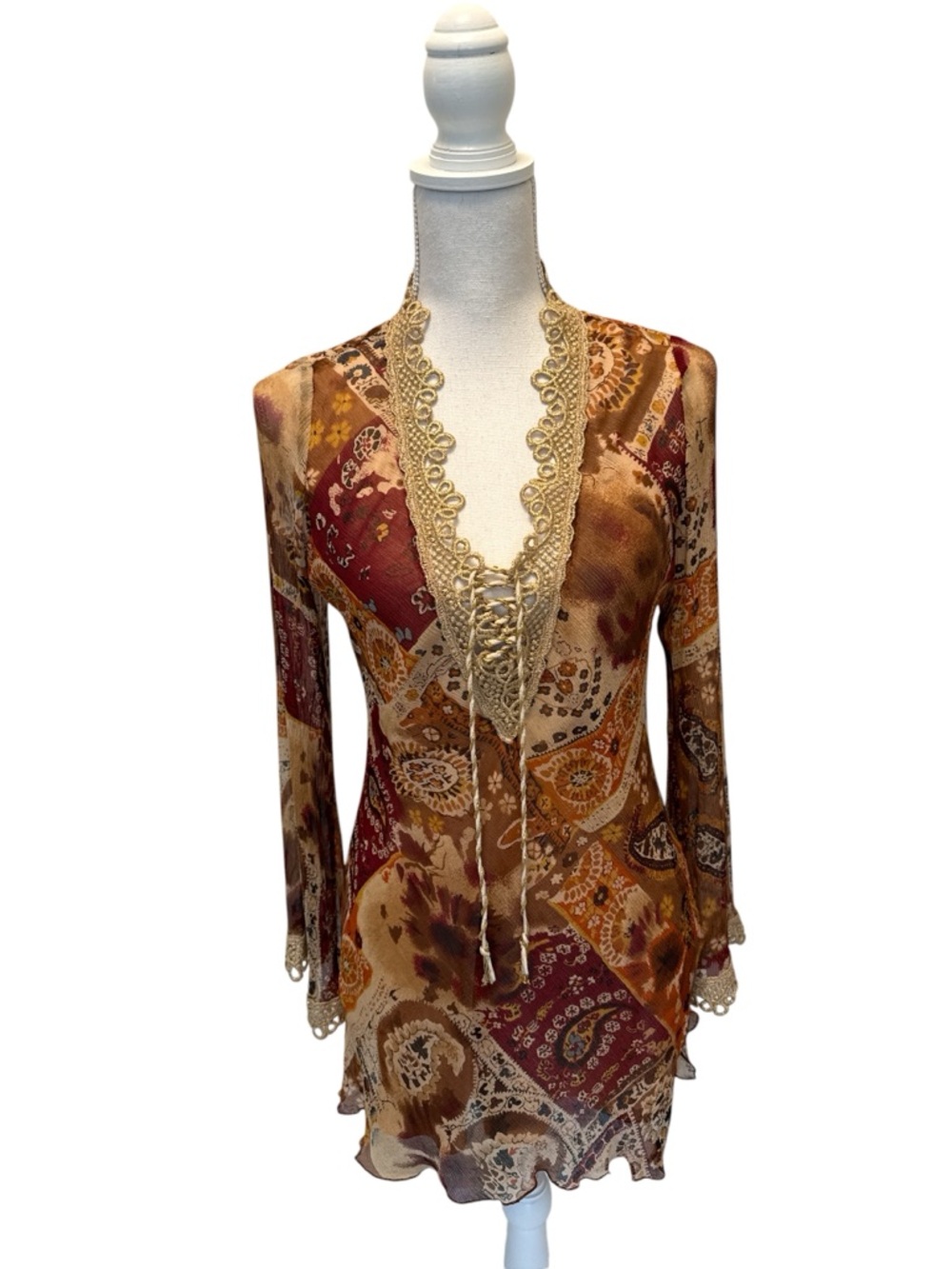Vintage Caché Y2K Boho Bell Sleeve Silk Tunic